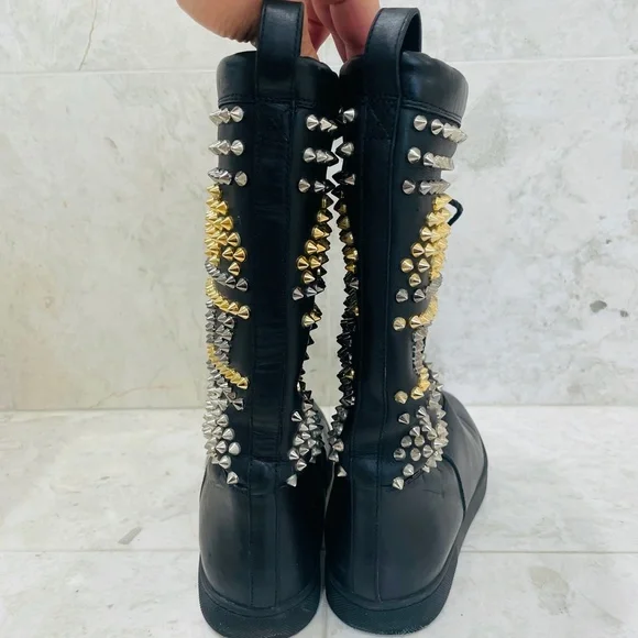 LOUBOUTIN {38} Boots Leather Studded Accents Lace-Up Boots - Picture 4 of 16